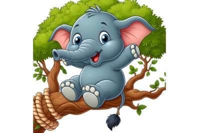 Cartoon funny elephant playing on a tree branch