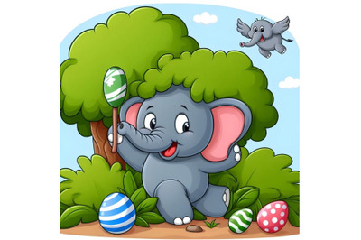 Cartoon funny elephant playing hide and seek