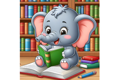 baby elephant reading book in the library