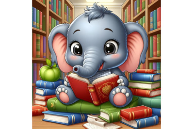 baby elephant reading book in the library