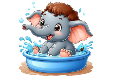 baby elephant playing with water in the pool