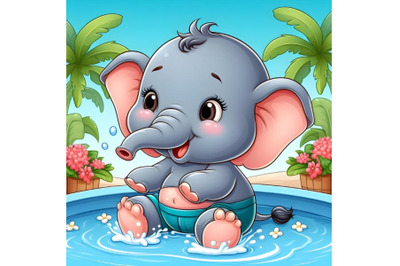 baby elephant playing with water in the pool