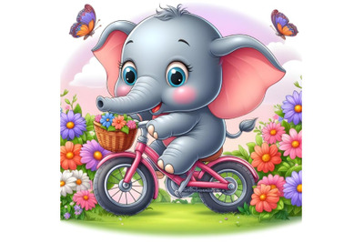 baby elephant on bike in the flower garden