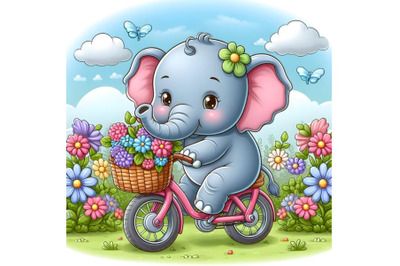 baby elephant on bike in the flower garden