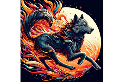 running wolf with abstract fire background