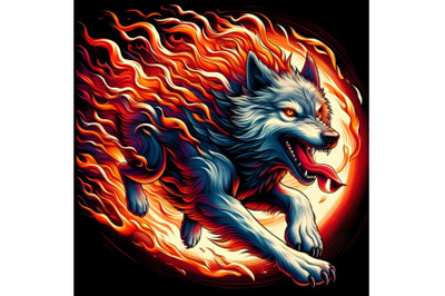 running wolf with abstract fire background