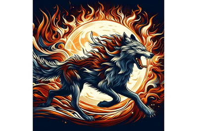 running wolf with abstract fire background