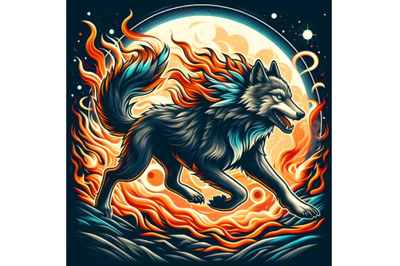 running wolf with abstract fire background