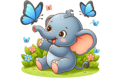 baby elephant playing with butterfly