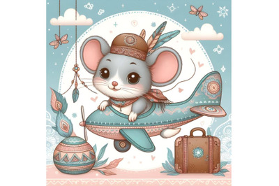 Cute Cartoon Mouse is flying on a plane