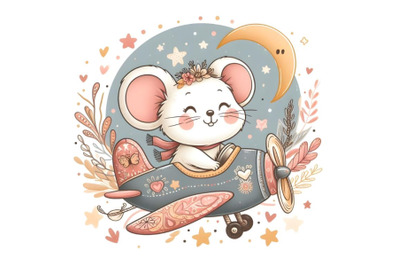 Cute Cartoon Mouse is flying on a plane