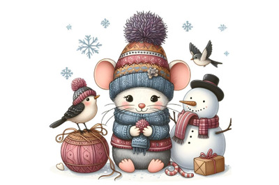 Cute Cartoon Mouse in a knitted cap and snowman