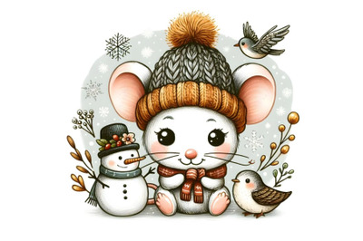 Cute Cartoon Mouse in a knitted cap and snowman