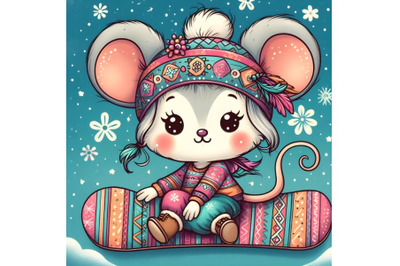 Cute cartoon Mouse Girl on a snowboard