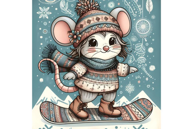 Cute cartoon Mouse Girl on a snowboard