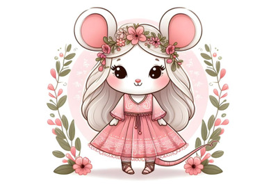 Cute Cartoon Mouse girl in a pink dress