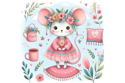 Cute Cartoon Mouse girl in a pink dress