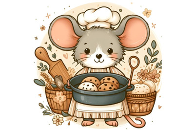 Cute cartoon mouse as a baker&2C; holding a baking pan