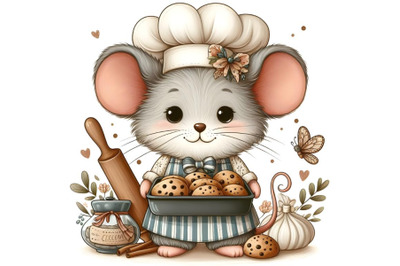 Cute cartoon mouse as a baker&2C; holding a baking pan