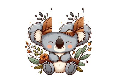 Cute Cartoon baby Koala in a cap with bird