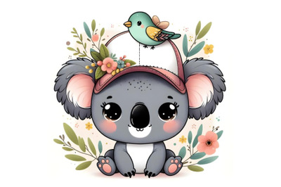 Cute Cartoon baby Koala in a cap with bird