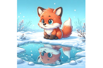 Baby Fox watching reflection in Winter Frozen Lake