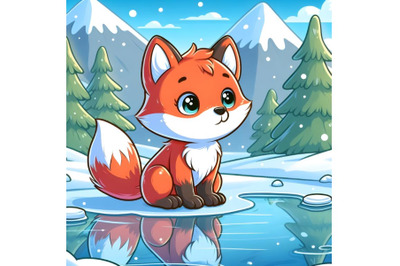 Baby Fox watching reflection in Winter Frozen Lake