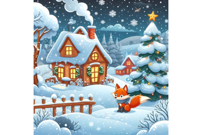 Winter landscape with a house and a fox