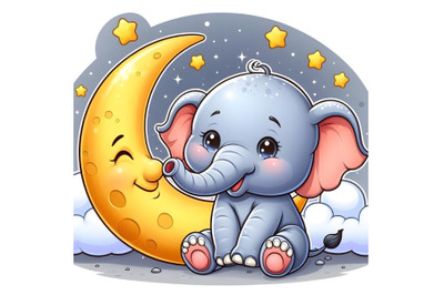 little happy elephant sits on the moon