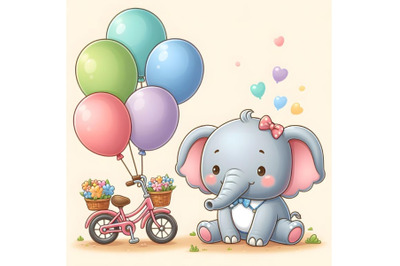 Lovely cute baby elephant and small bike with color balloons