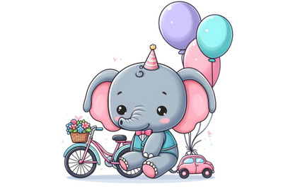 Lovely cute baby elephant and small bike with color balloons