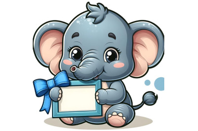 elephant holding blue frame with ribbon