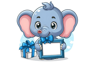 elephant holding blue frame with ribbon