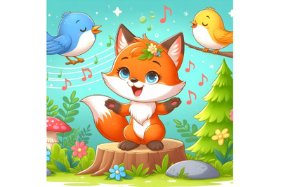 Cute little fox with background singing bird