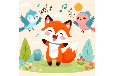 Cute little fox with background singing bird