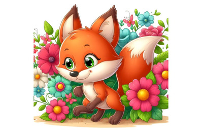 Cartoon Fox with flowerson a white background