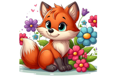 Cartoon Fox with flowerson a white background