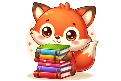 Cute little fox holding a pile of colorful books in hands