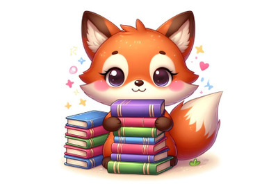 Cute little fox holding a pile of colorful books in hands