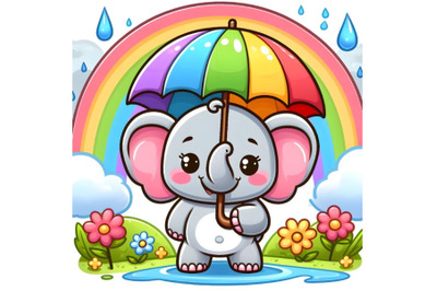 Cartoon Elephant with Rainbow umbrella with rain