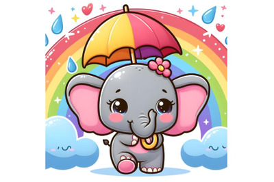 Cartoon Elephant with Rainbow umbrella with rain