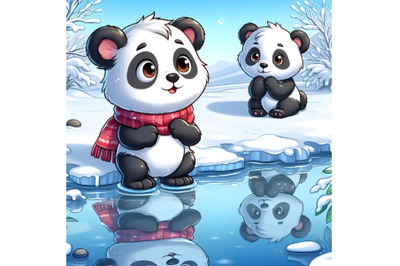 Baby panda watching reflection in Winter Frozen Lake