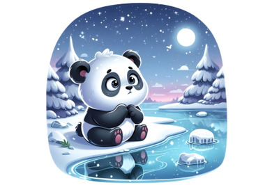 Baby panda watching reflection in Winter Frozen Lake