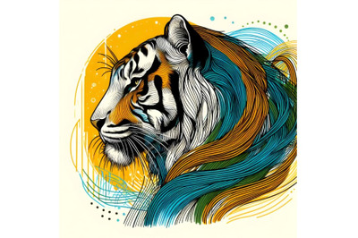 Line art brush stroke tiger