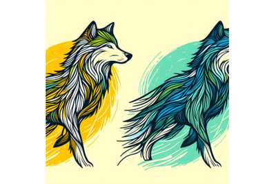 Line art brush stroke wolf