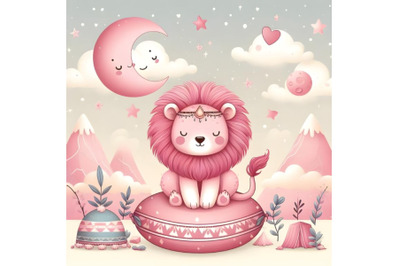 Cute Cartoon pink lion on the moon