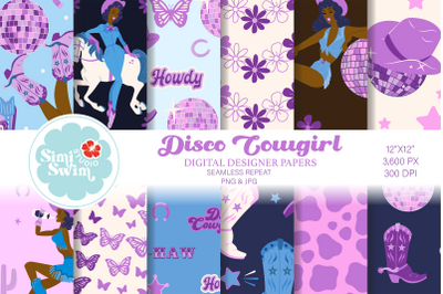 Vintage Purple Disco Cowgirl Digital Papers, Pin-up Pattern Bundle, Co