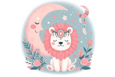 Cute Cartoon pink lion on the moon