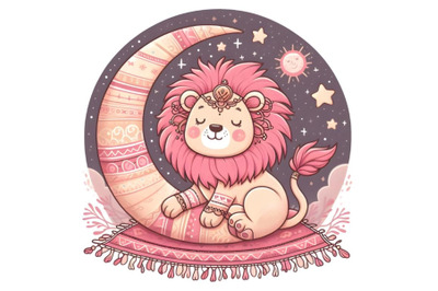 Cute Cartoon pink lion on the moon