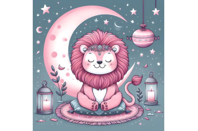 Cute Cartoon pink lion on the moon